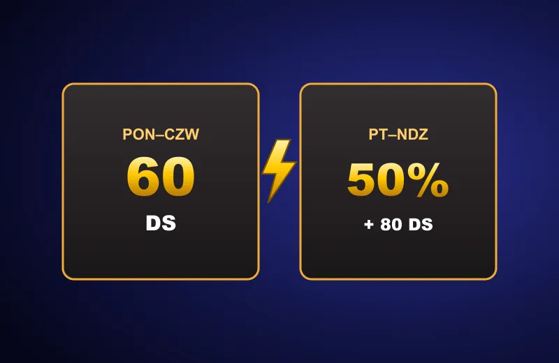 Dwie karty bonusów: 60 DS pon–czw i 50% + 80 DS w weekend w kasyno Cazeus